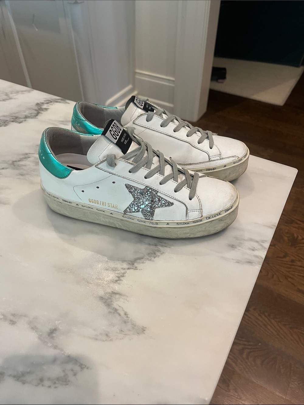 Golden Goose White Sneakers with Teal Heel and Silver Glitter Star